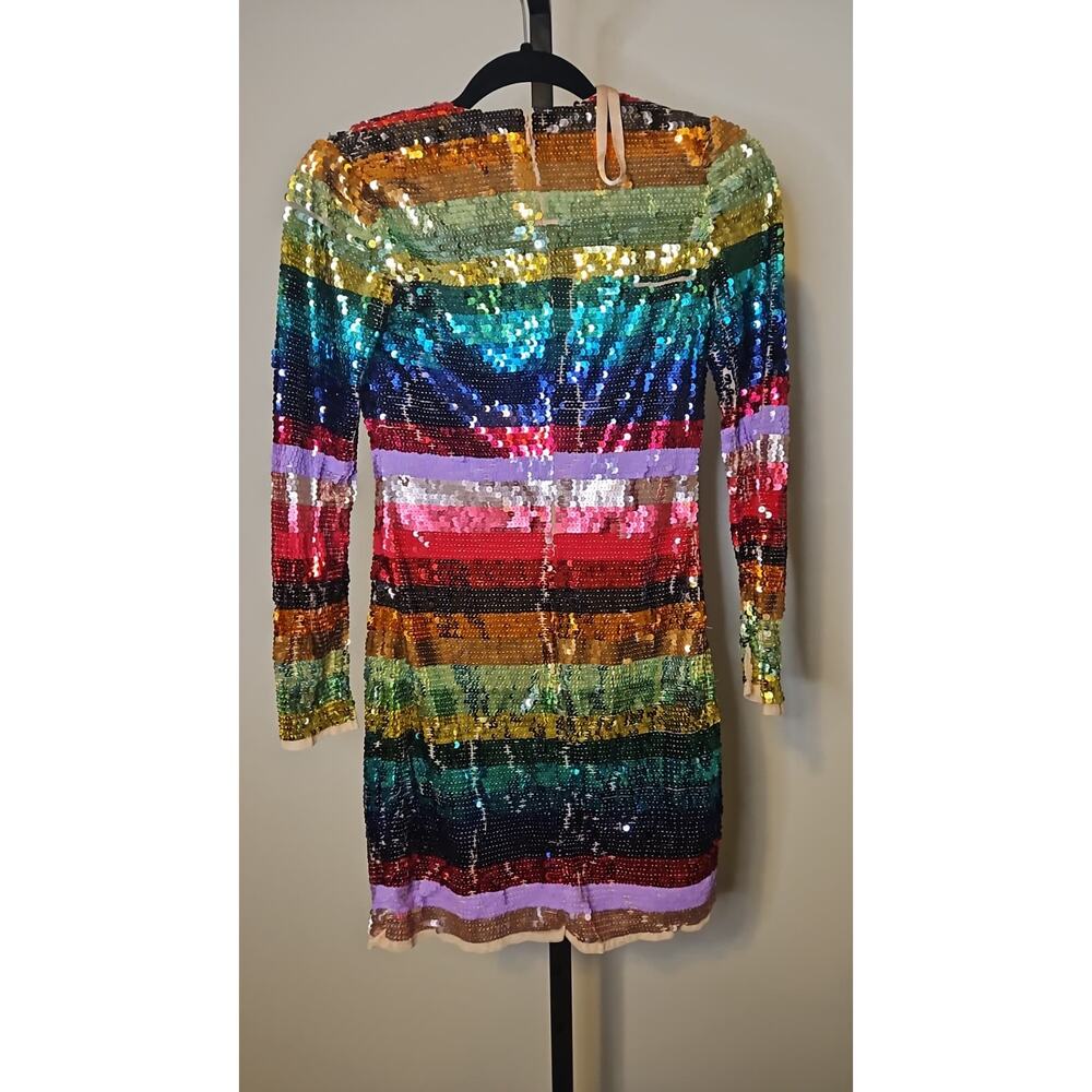 Mac Duggal 93724 Sequin Rainbow Striped Cocktail Dress | Long Sleeve Mini - Picture 3 of 6